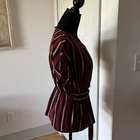 Monteau Sz L waisted tie front elastic back short sleeves stripes - Picture 5 of 5